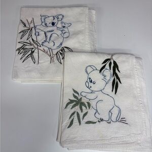 Embroidered Koala Cotton Hand Towels - White with Green & Blue Accents
